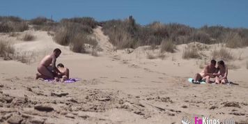 Miniatura de sunbathing on a nude beach, guy joins her and other couple gets horny too
